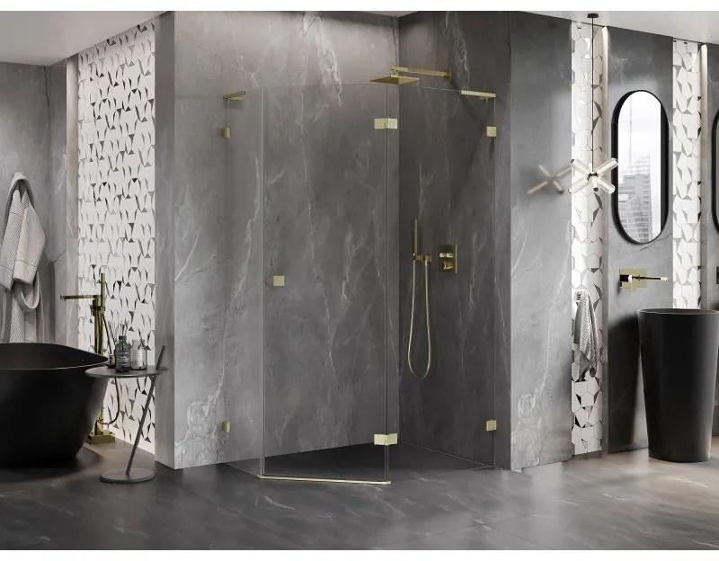 Mexen Lunar, L pravý výklopný päťuholníkový sprchový kút 100 x 80 cm, 8mm číre sklo, zlatý matný profil, 831L-100P-080L-55-00-P