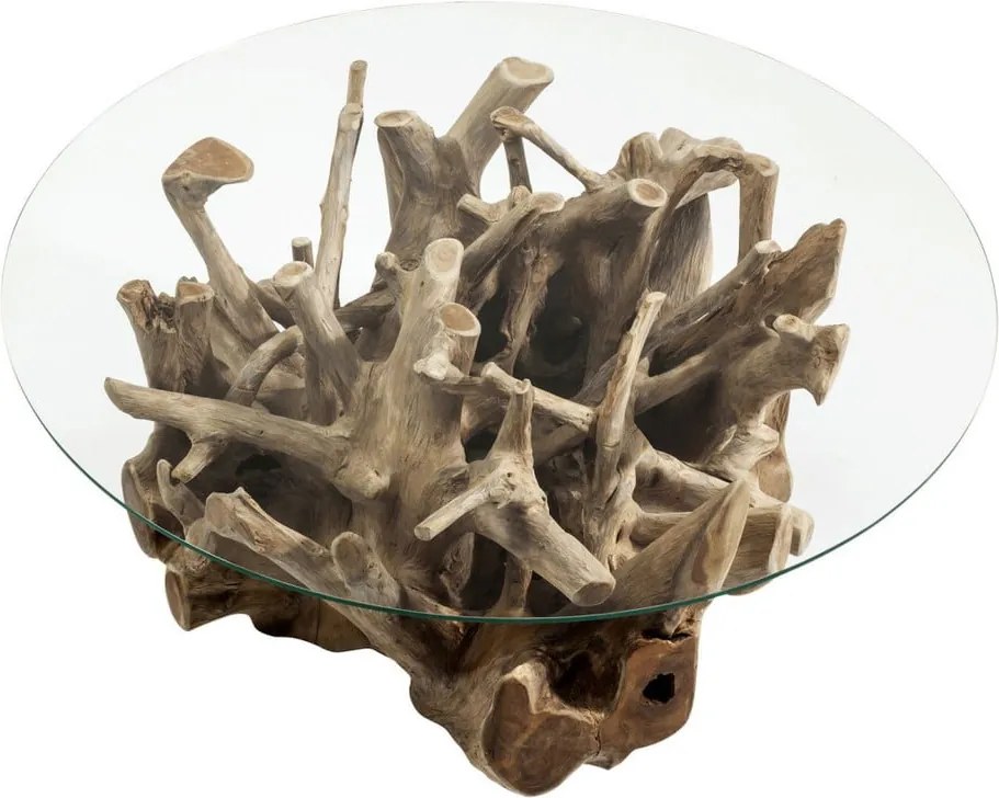 Sklenený odkladací stolík s podstavcom z teakového dreva Kare Design Roots, Ø 100 cm
