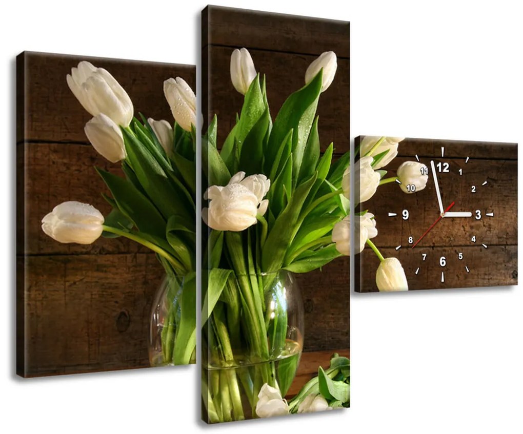 Gario Obraz s hodinami Očarujúce biele tulipány - 3 dielny Rozmery: 80 x 40 cm