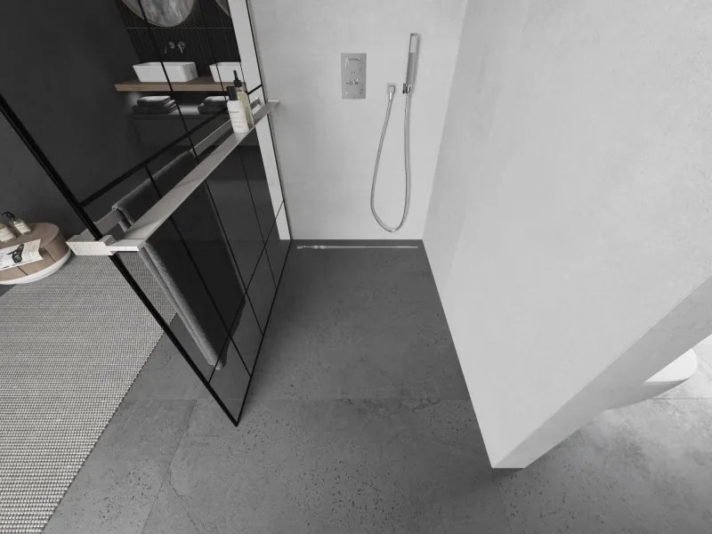 Mexen Kioto+ L, sprchová zástena Walk-In s poličkou a vešiakom 100 x 200 cm, 8mm číre sklo čierny vzor, brúsená oceľ profil, 800-100-123-97-78