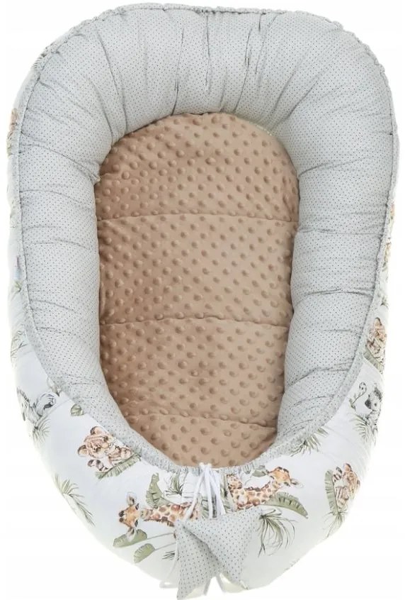 Obojstranné hniezdočko (kokon) pre bábätko - BABYMAM PREMIUM set 7v1 - Africké zvieratká s béžovou minkami