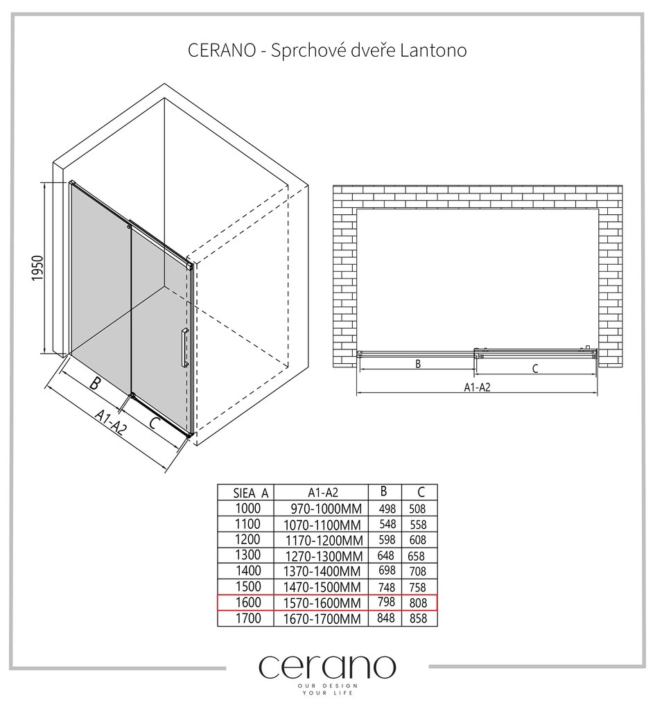 Cerano Lantono, posuvné dvere do otvoru 160x195 cm, 8mm číre sklo, chrómový profil, CER-CER-432034