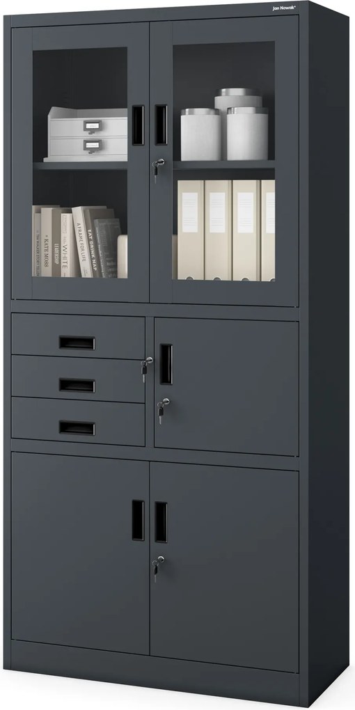 Kovová spisová skriňa so zásuvkami, vitrínou a trezorom FILIP, 900 x 1850 x 400 mm, antracitová