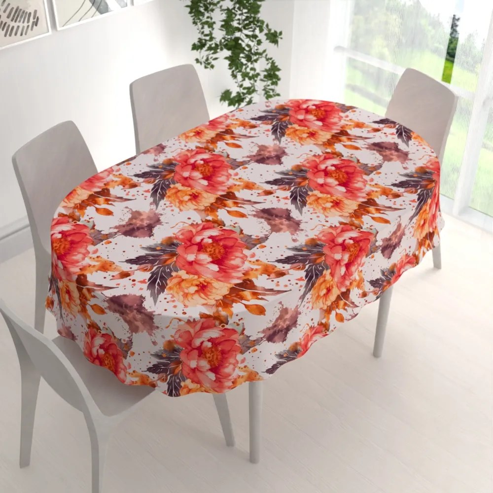 Biante Bavlnený oválny obrus Sandra SA-600 Veľké červeno-ružovo-oranžové kvety pivonky na bielom 140x180 cm