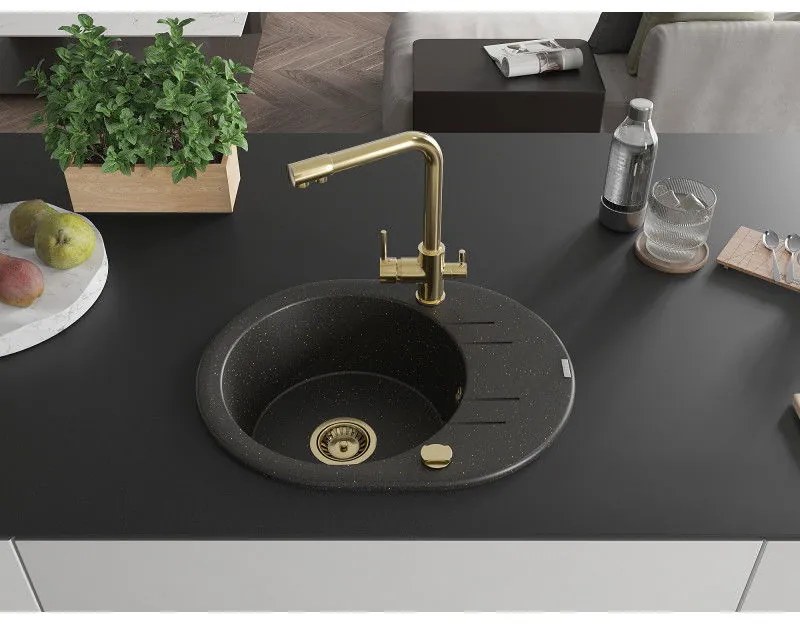 Mexen Kevin, drez granitový 586x458x190 mm, 1-komorový a zlatá Duero batéria, čierna - zlatá metalíza, 6517-75-671600-50