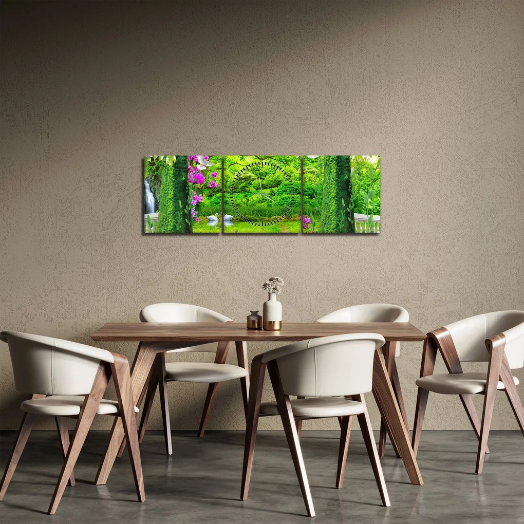 Obraz - Čarovná záhrada s labuťami (s hodinami) (90x30 cm)