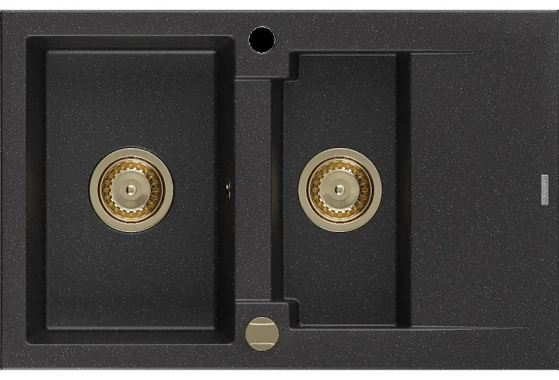 Mexen Gaspar granitový 1,5-komorový drez s odkvapkávačom 737 x 475 mm, Čierna/Strieborná metalíza, Sifón Zlatá - 6507731505-73-G