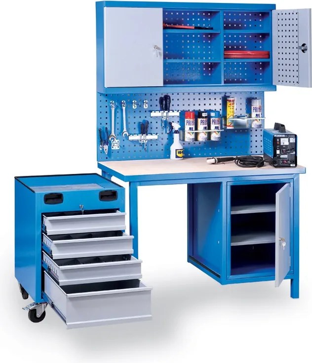 Dielenský pracovný stôl GD s pojazdným boxom na náradie, 4 zásuvky, 1 skrinka, 1190 x 600 x 850 mm, sivá