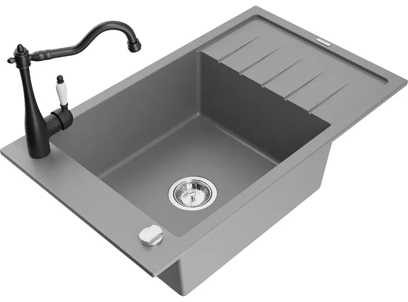 Mexen Elias, granitový drez 795x480x200 mm, 1-komorový a drezová batéria Carla, šedá, 6511-71-670700-70