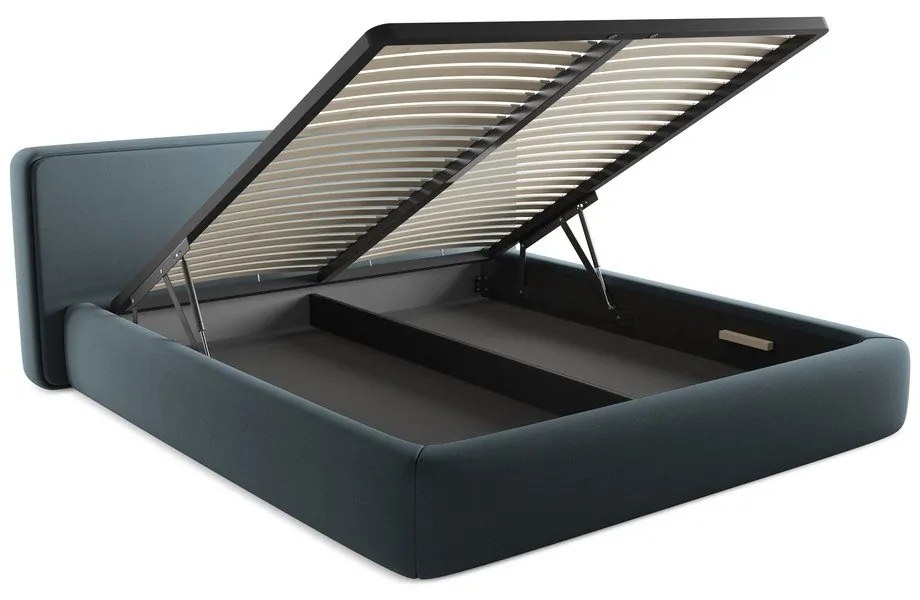 Modrá čalúnená dvojlôžková posteľ s úložným priestorom s roštom 180x200 cm Kiana – Makamii