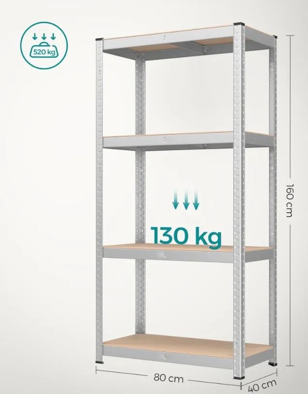 Súprava 2 ks oceľových nastaviteľných políc s vysokou nosnosťou, 160x80x40, sivé