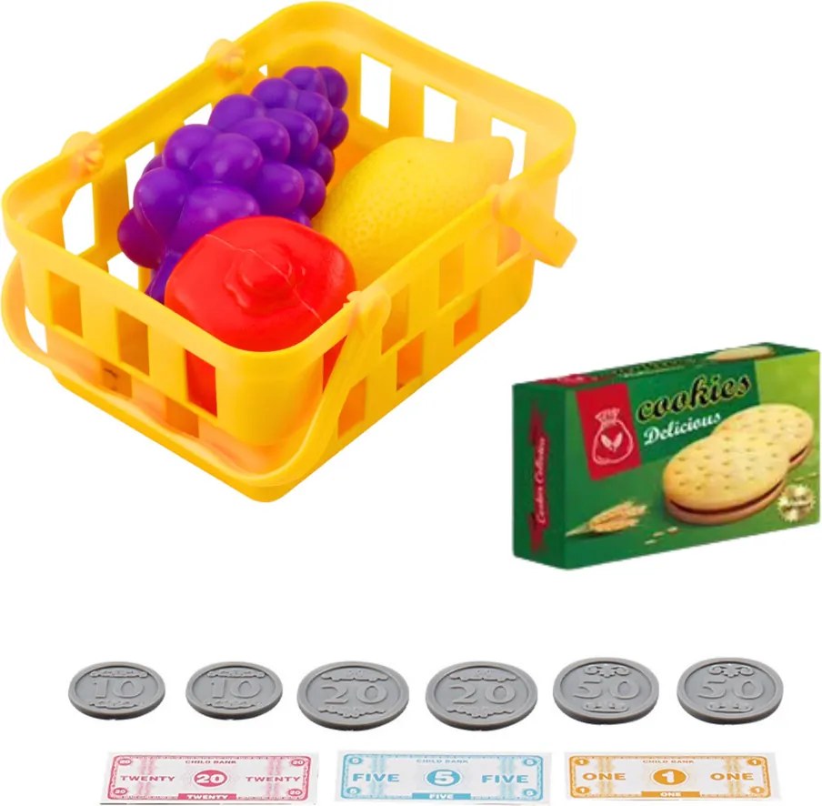 LEAN Toys Detská pokladňa s príslušenstvom, košík s ovocím, svetlá a zvuky, zelená