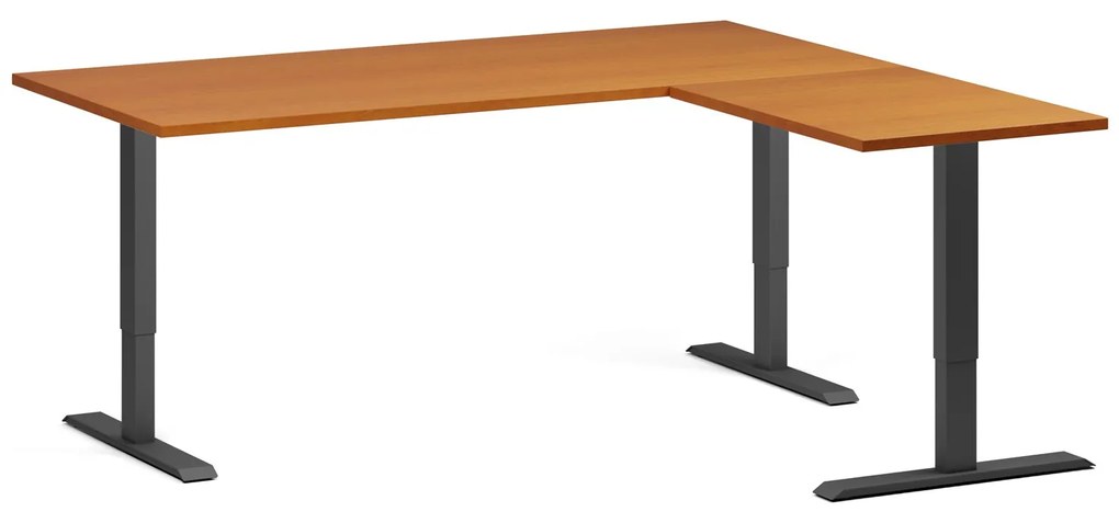 Výškovo nastaviteľný stôl, 180x160 cm, 3 motory, L/P, čierna podnož, čerešňa