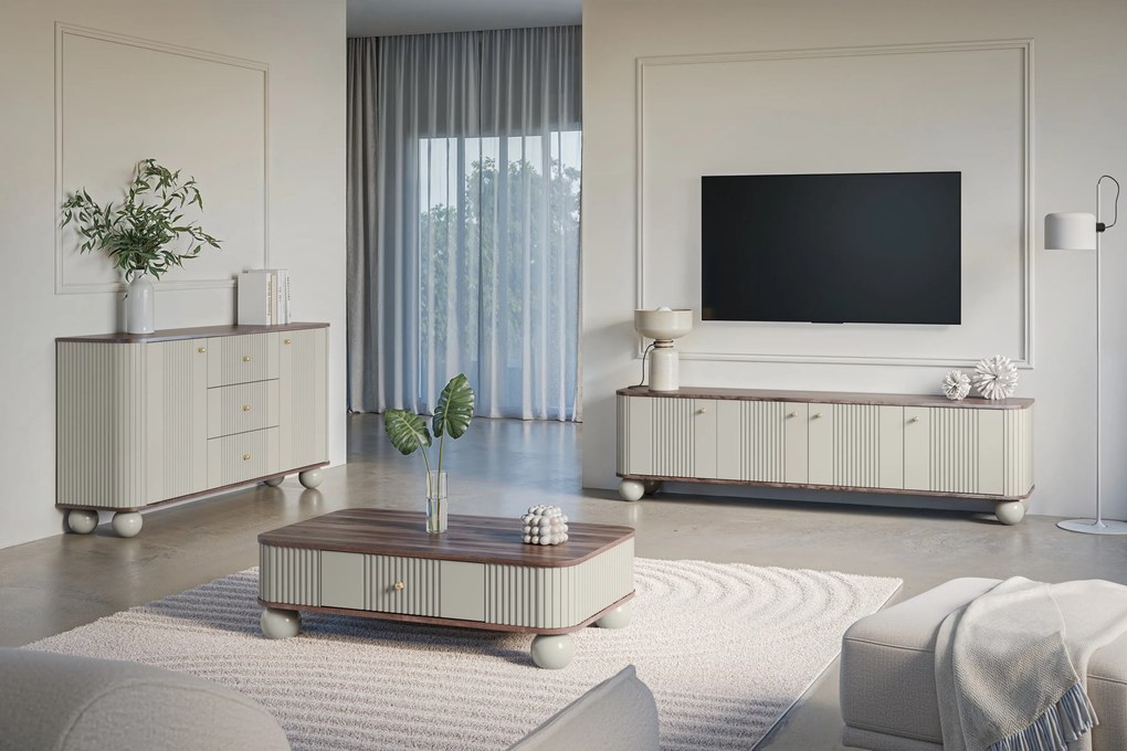 Kávový stolík Vesper 103x60 cm so zásuvkou - kasmír / orech / zlaté úchyty / guľové nohy