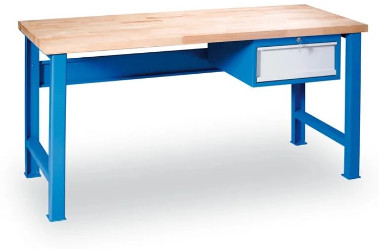 Dielenský pracovný stôl GD so závesným boxom na náradie, buková škárovka, 1 zásuvka, 1500 x 800 x 850 mm, modrá