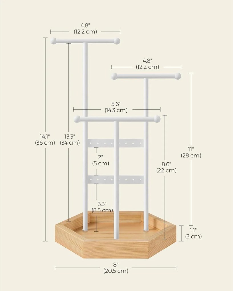 Stojan na šperky, kovový a drevený stromček na šperky