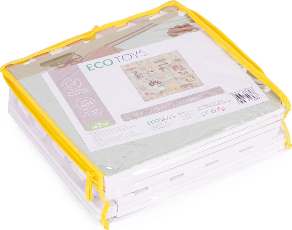 ECOTOYS Detská EVA penová podložka – puzzle Farma 90,5×90,5 cm, 21 dielov, písmená a čísla