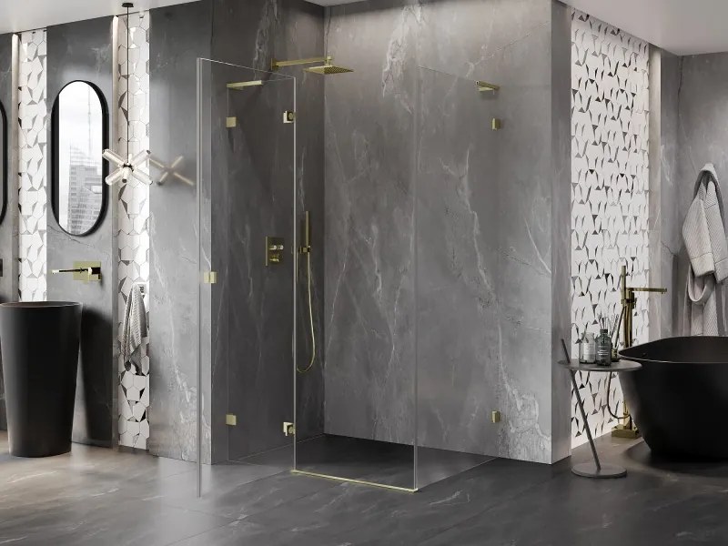 Mexen Lunar L, sklápací sprchový kút ľavý 75 x 90 cm, 8mm číre sklo, zlatý matný profil, 834L-075-090-55-00-L