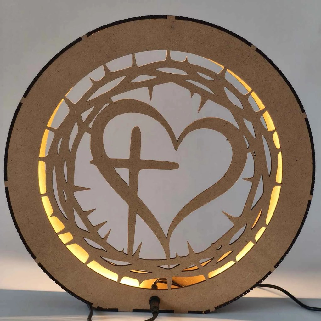 Drevená LED lampa Srdce s krížom a tŕňovou korunou | JEZUE: HDF - Orech 20 cm 4779-115090 LED0600