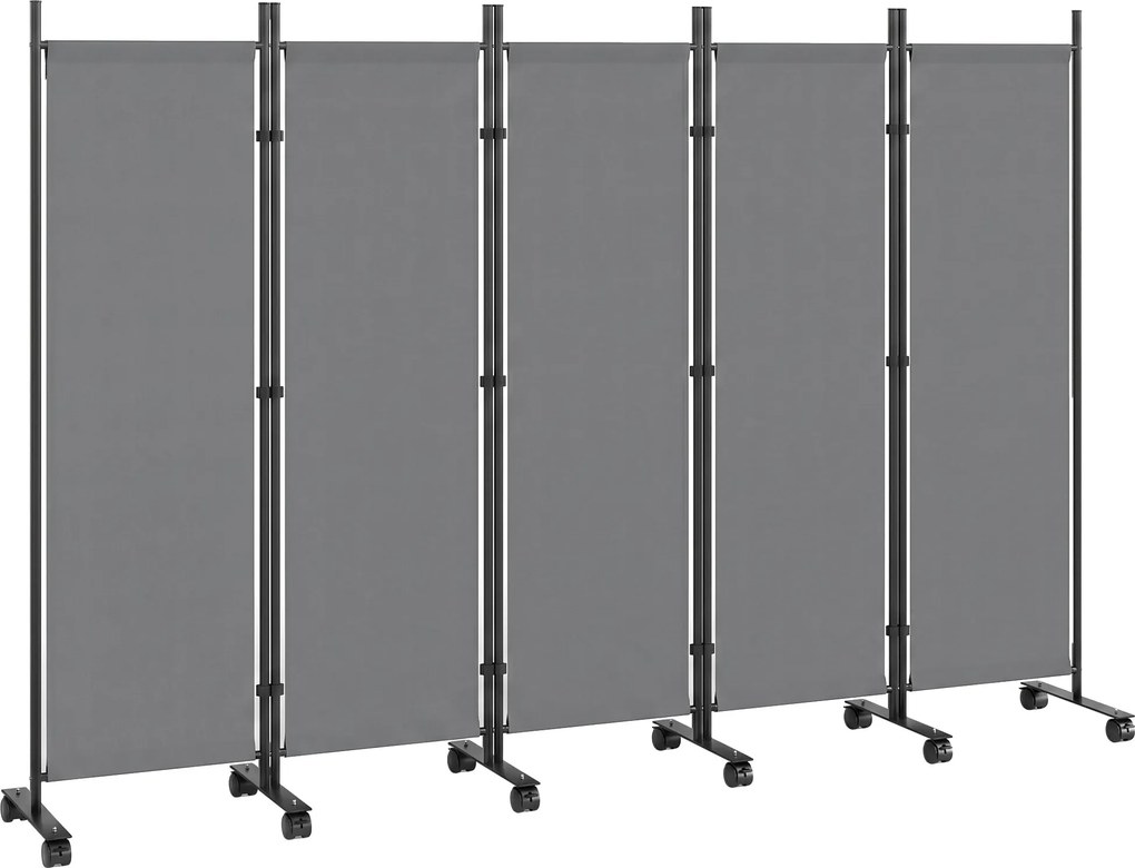 Outsunny 5-dielny paraván 252 × 40 × 170 cm — samostatne stojaci skladací paraván s 12 kolieskami, oceľový rám, vodoodpudivý polyester, tmavosivý | Ao