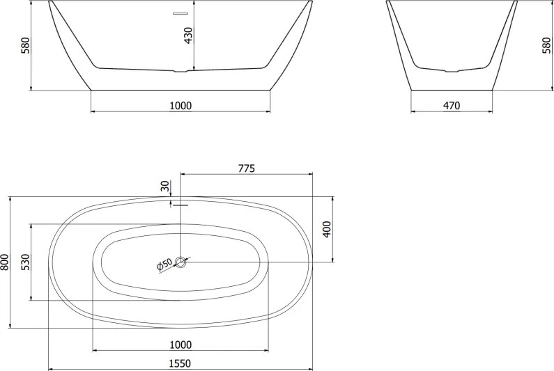 Mexen Eris, voľne stojaca vaňa 155 x 80 cm, biela, biely prepad, 53441558000-20