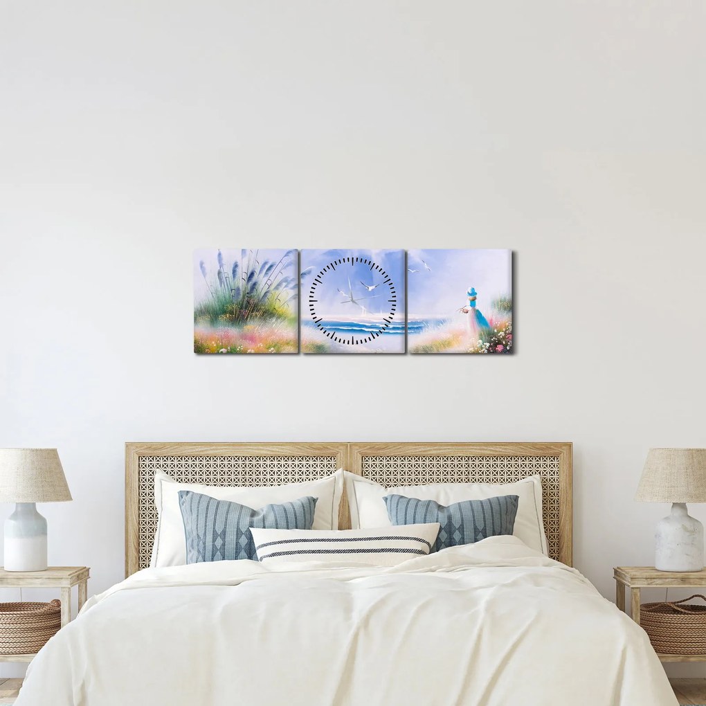 Obraz - Romantická pláž, olejomaľba (s hodinami) (90x30 cm)
