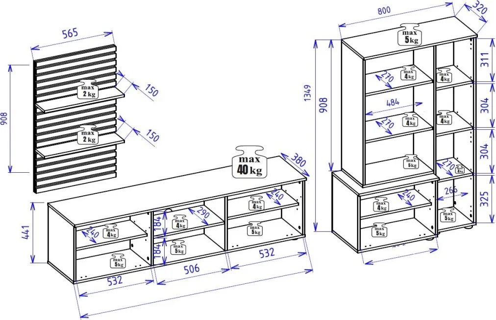 Obývacia stena Heathrow, biela/dub artisan, s osvetlením