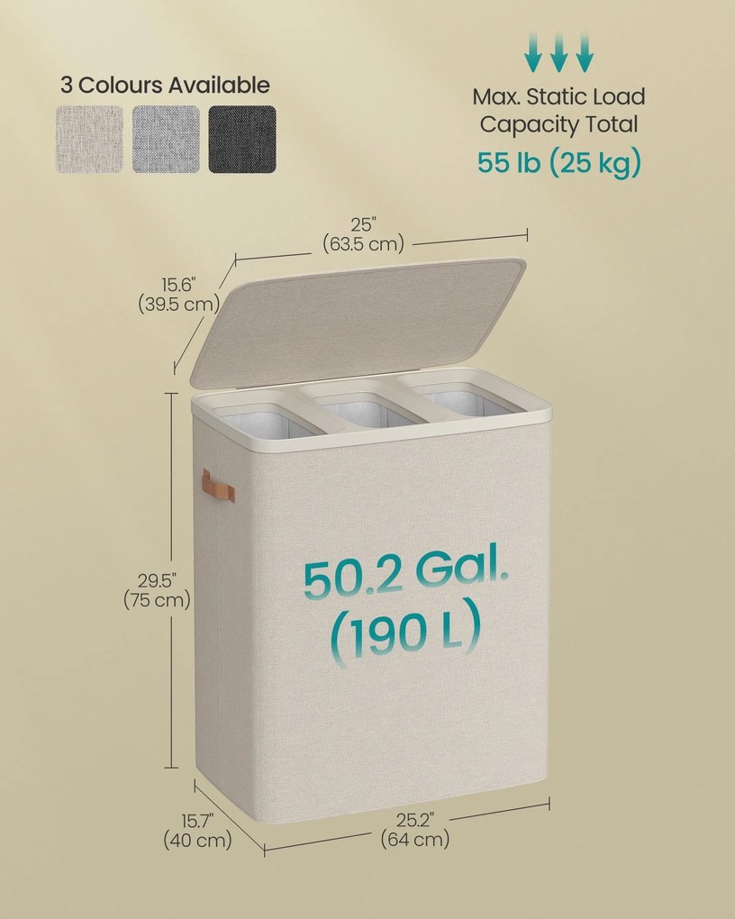 Kôš na prádlo, 190 l, 3 priehradkový kôš na prádlo, 64 x 40 x 75 cm, cappuccino béžový