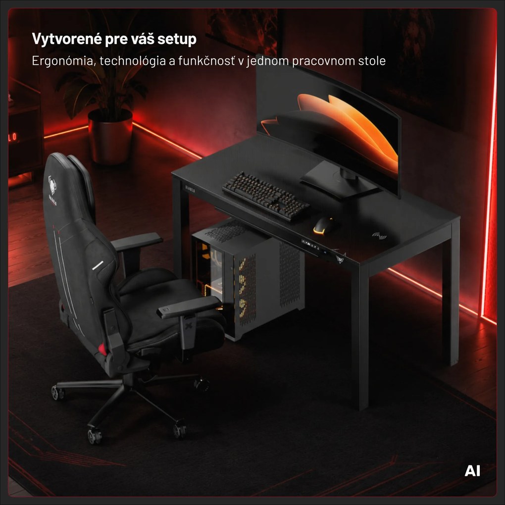 Herný stôl elektricky nastaviteľný, vstavaná bezdrôtová nabíjačka QI a USB: Diablo X-RIFT čierny