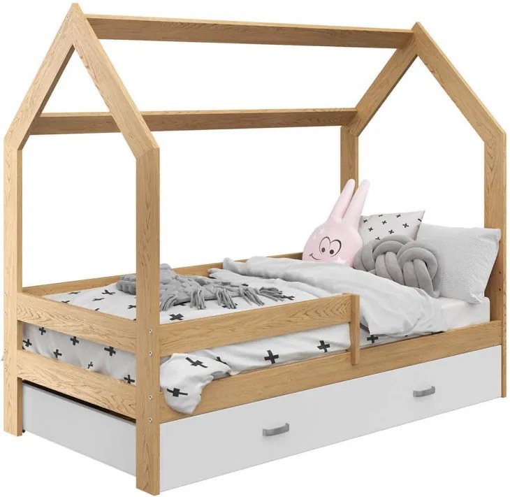 Detská posteľ DOMČEK D3 borovica 80x160 cm s úložným boxom bielym Rošt: Bez roštu, Matrac: Bez matraca