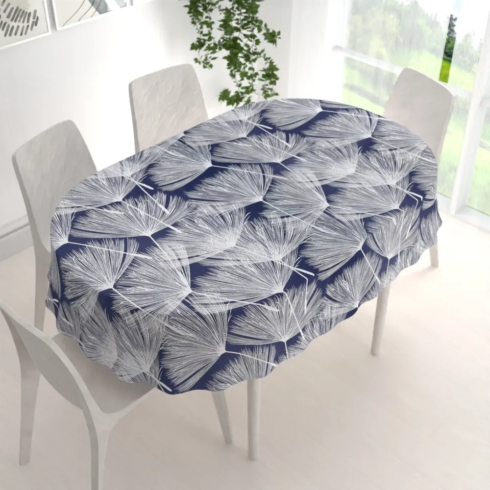 Biante Bavlnený oválny obrus Sandra SA-414 Biele abstraktné páperie na modrom 140x160 cm