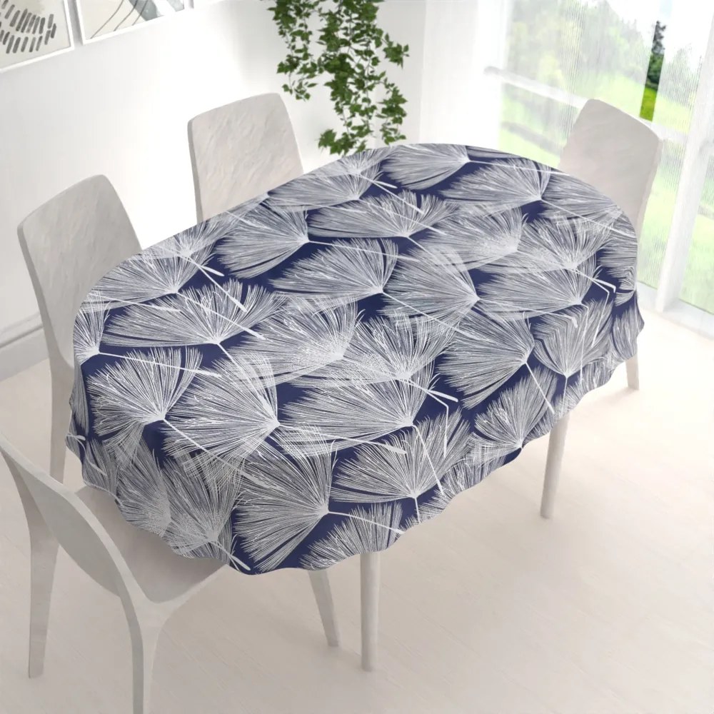 Biante Bavlnený oválny obrus Sandra SA-414 Biele abstraktné páperie na modrom 140x180 cm