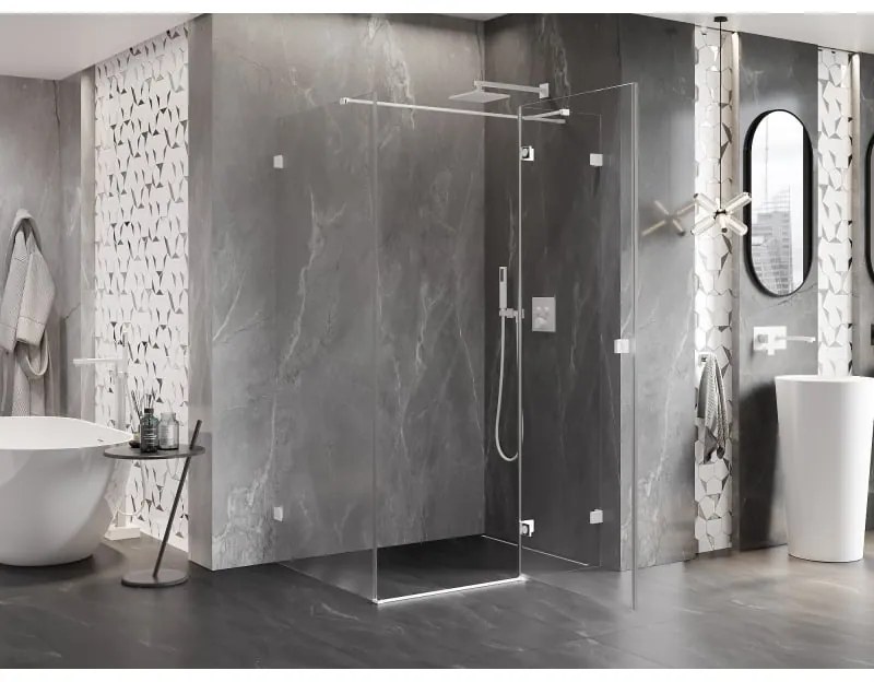 Mexen Lunar T, sklopný pravý sprchový kút 140 x 70 cm, 8mm číre sklo, biely profil, 834T-140-070-20-00-P