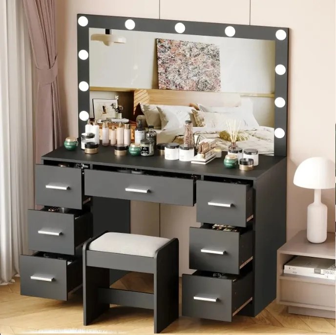 Toaletný stolík Hollywood STAR čierny s LED osvetlením