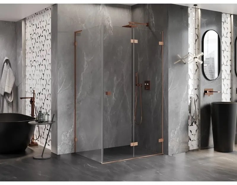 Mexen Lunar-F L, 1-krídlový sprchový kút so skladacími dverami, pravý, 95 x 90 cm, 8mm číre sklo, medený profil, 836L-095-090-65-00-P