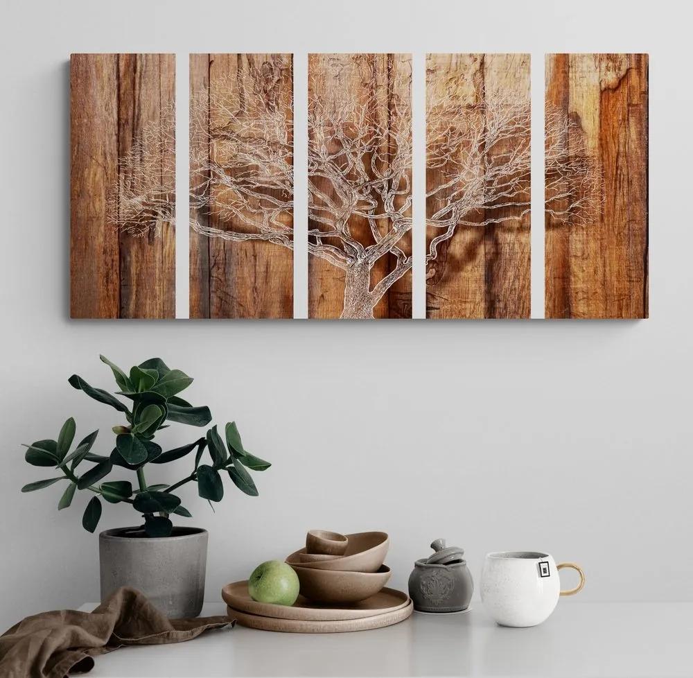 5-dielny obraz strom na drevenom podklade - 200x100