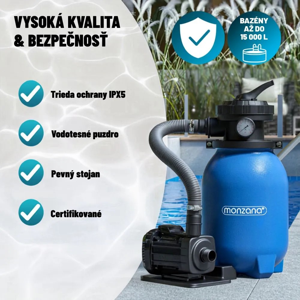 Piesková filtrácia k bazénu AQUA s filtračnými guľôčkami, 5 000 l/h, modrá Monzana