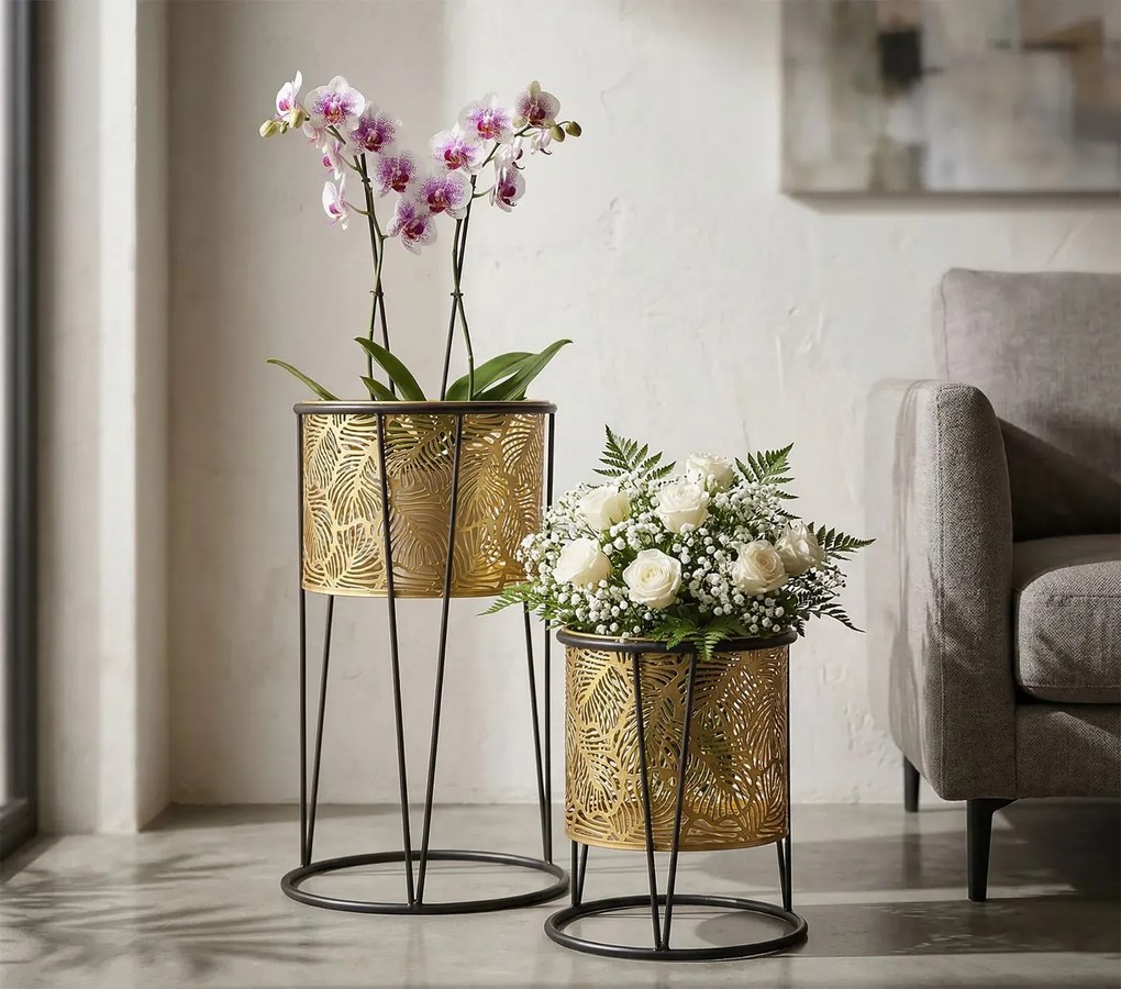 Sada 2 ks stojanů na květiny Leavy zlato-černá
