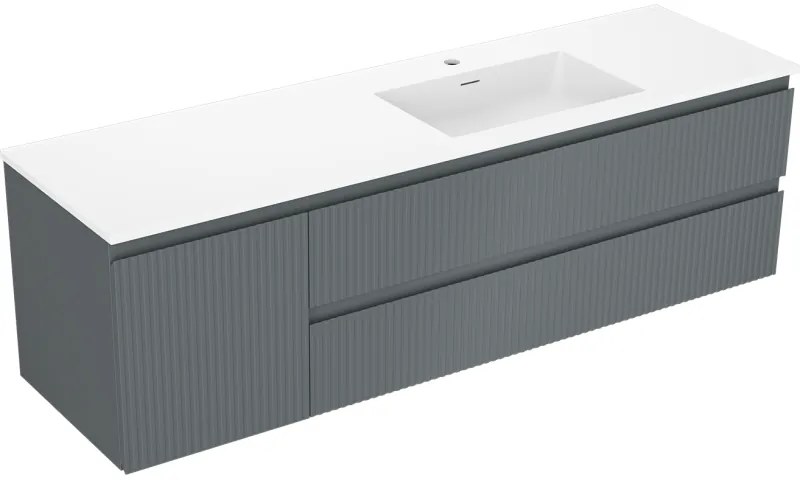Mexen Rivel, kúpeľňová skrinka 160 cm s pravým umývadlom Otis, 2S, 1D, drážkovaná, grafitová/biela matná, 91A23-16047-3-BBFFF66-W18P01