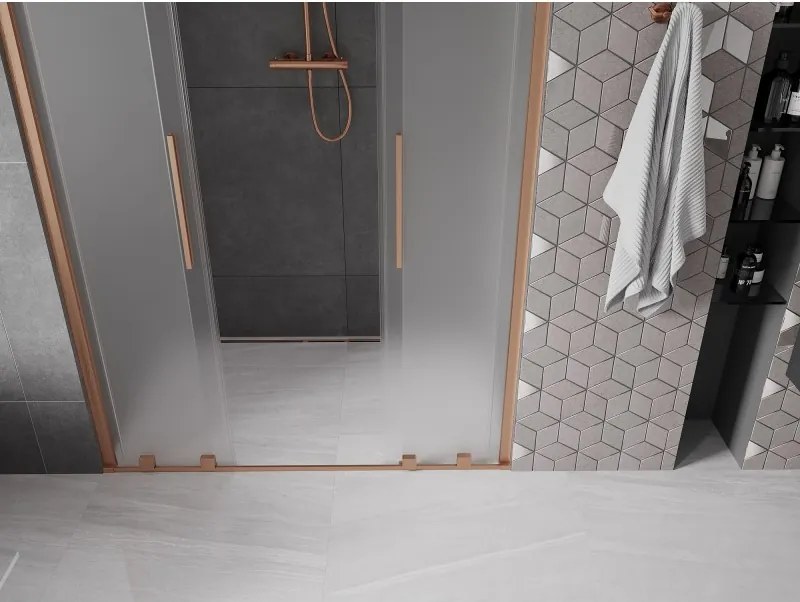 Mexen Velar L Duo, posuvné sprchové dvere do otvoru 150 cm, 8mm sklo námraza, medená matná, 871-150-003-32-65