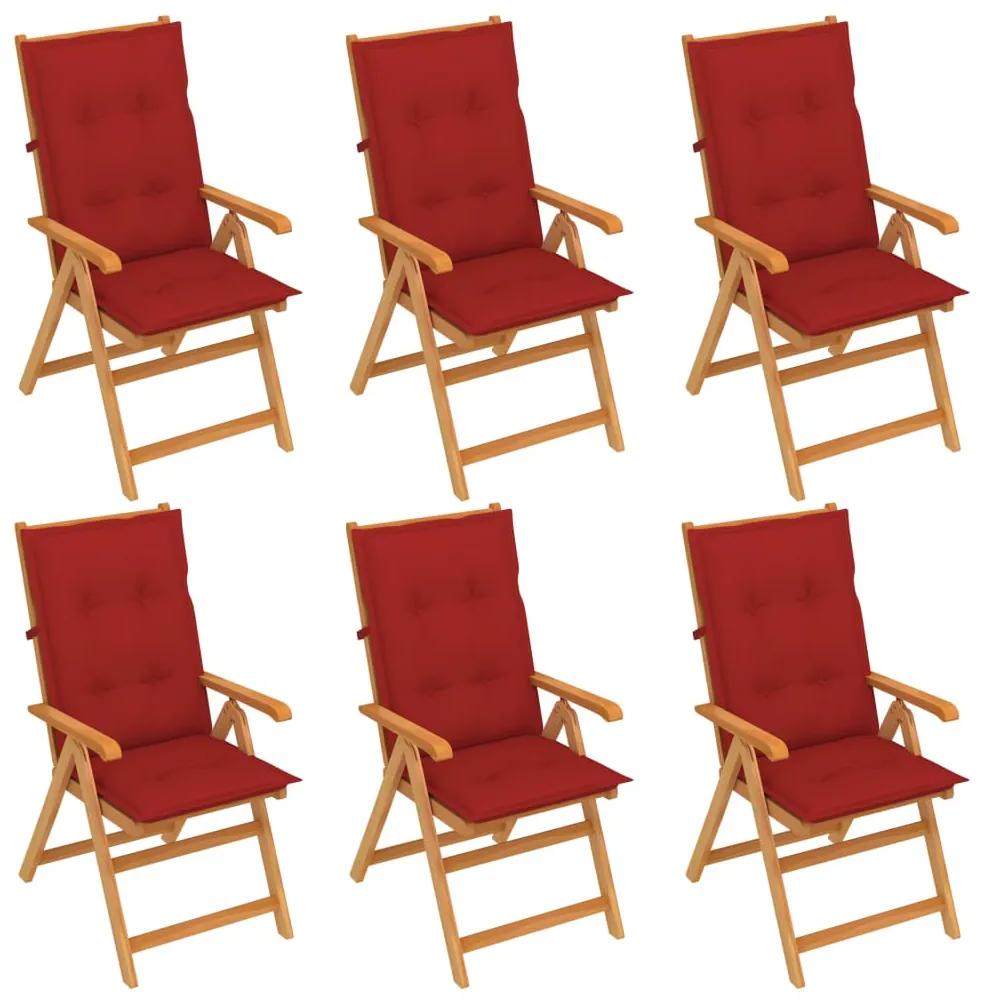 Záhradné stoličky 6 ks s červenými podložkami tíkový masív 3065581