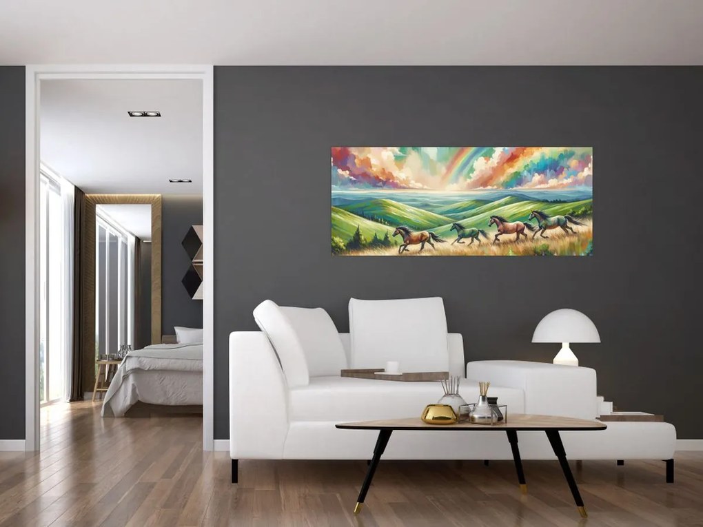 Obraz – Kone cválajúce krajinou (120x50 cm)