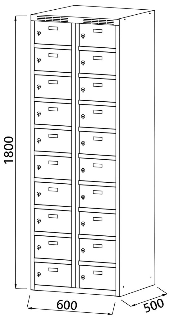 Šatníková skrinka S6 s úložnými boxami, 20 boxov, 1800 x 600 x 500 mm, cylindrický zámok, tmavosivé dvere
