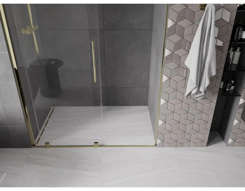 Mexen Velar, posuvné dvere do otvoru 160x200 cm, 8mm číre sklo, zlatá lesklá, 871-160-000-01-50