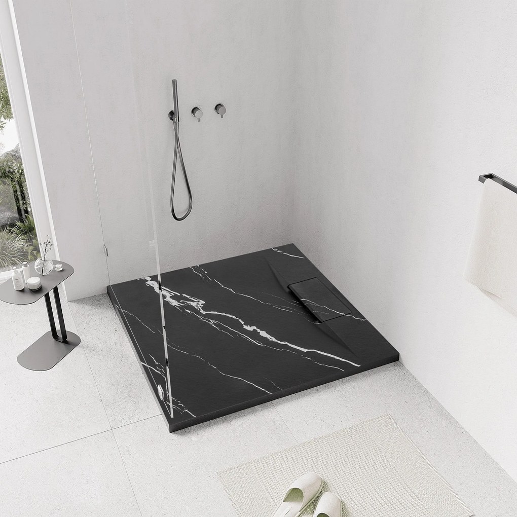 Štvorcová sprchová vanička z SMC kompozitu REA BAZALT CARRARA 90x90 cm, čierny mramor