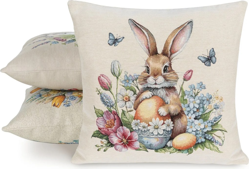 VEĽKONOČNÁ GOBELÍNOVÁ DEKORAČNÁ OBLIEČKA NA VANKÚŠ BUNNY 45X45 CM VZOROVANÁ