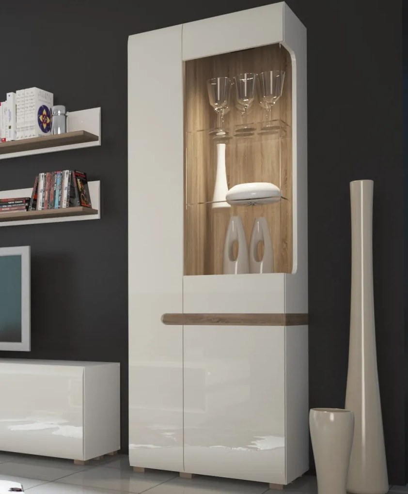 Vysoká vitrína Linate, biely lesk/dub, ľavé dvere