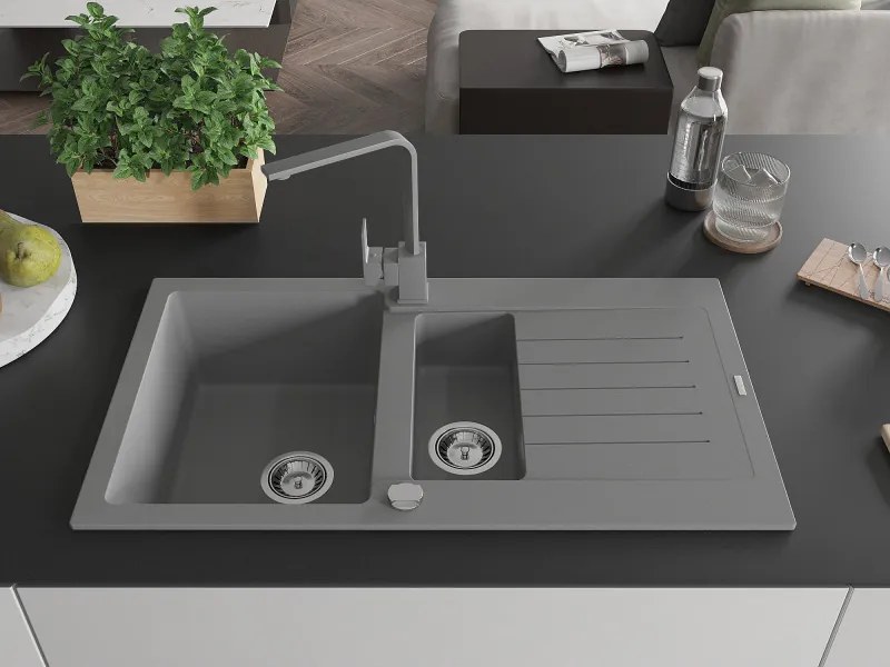 Mexen Matias, granitový drez 900x505x200 mm, 1,5-komorový a šedá batéria Rita, šedá, 6502-71-670300-71