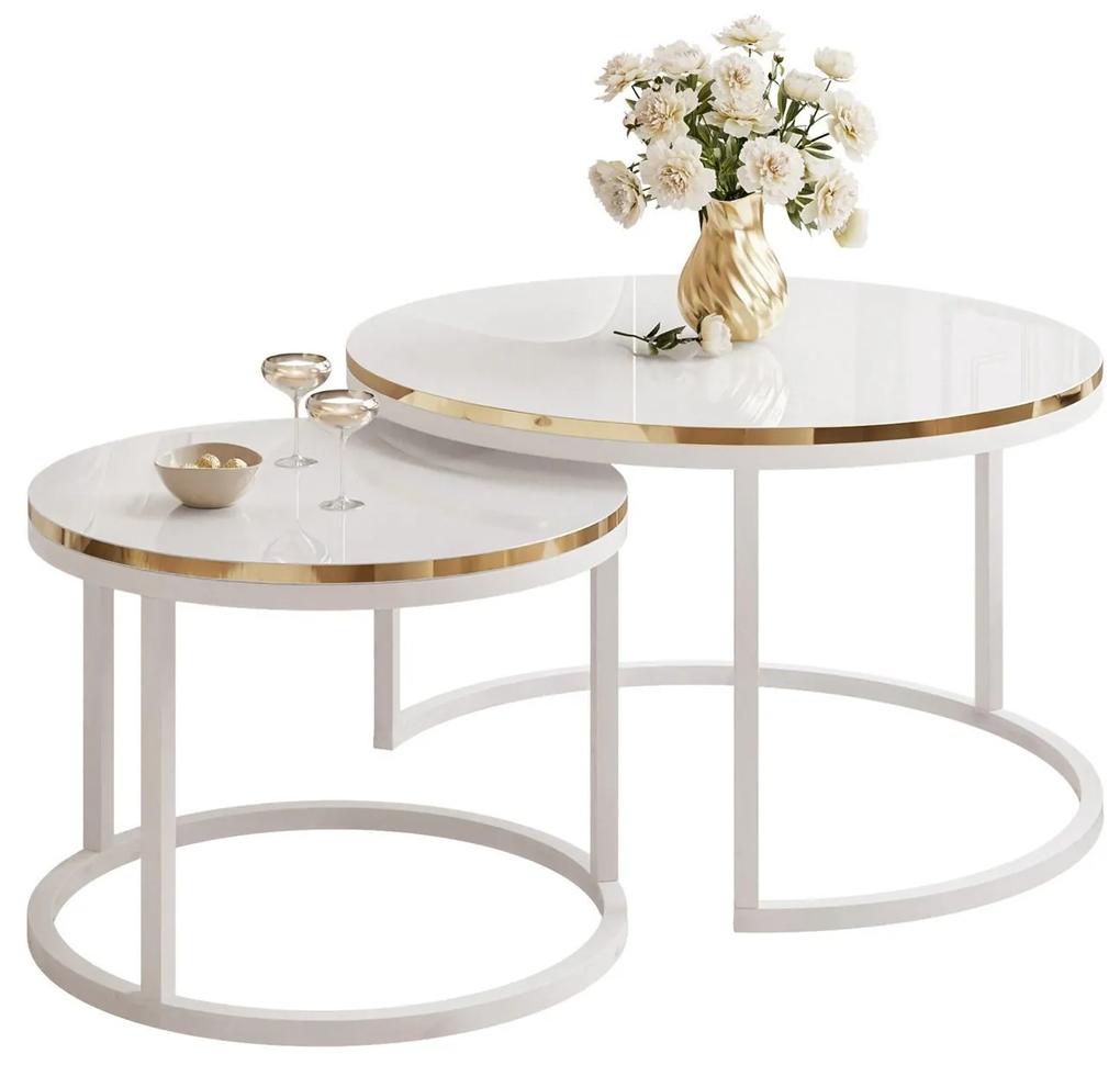 Dizajnový konferenčný stolík ZOLA 2v1 biely lesk + zlatá