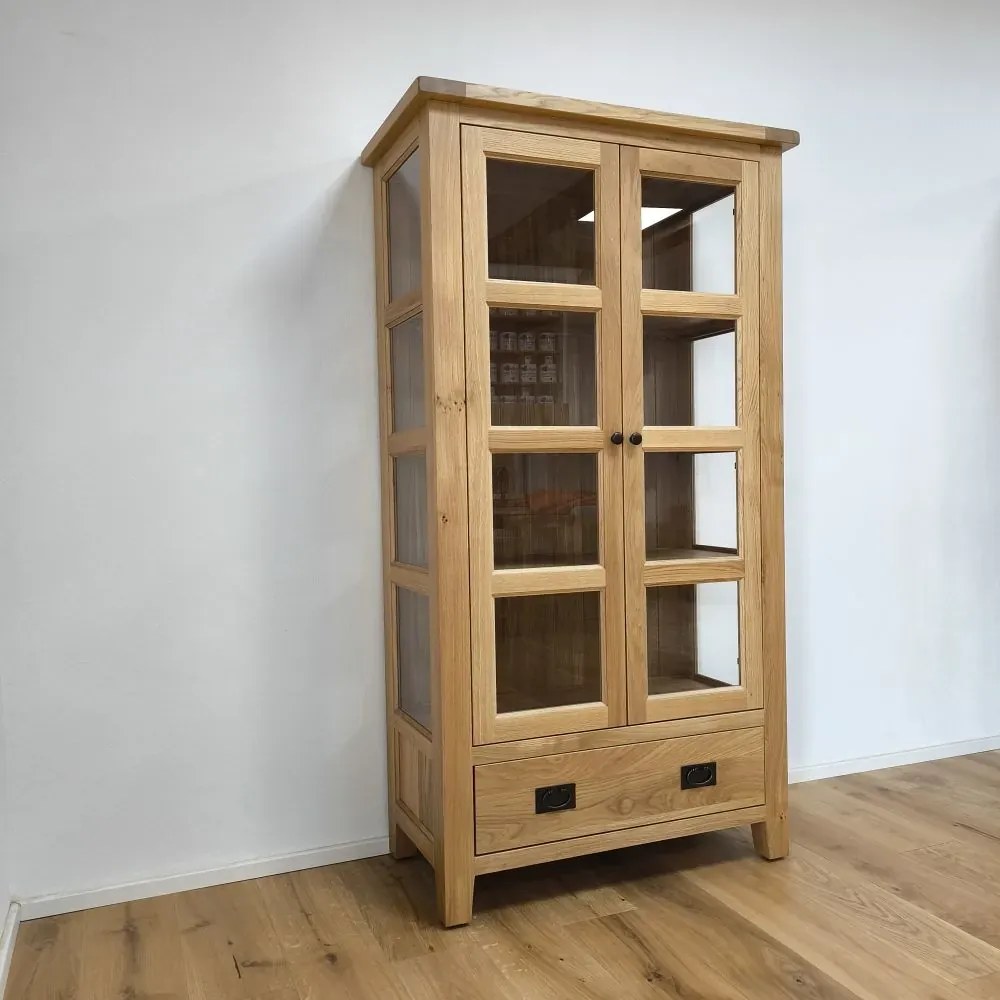 Široká vitrína z masívu s presklenými bokmi a zásuvkou, 100x48x180 cm